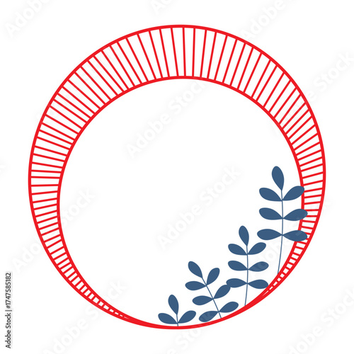 Bright red circular frame decorated with  plant. White cloud under  text in  middle of  frame, shaded with lines on edges. Flat vector design. One illustration isolated on  white background.