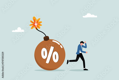 Inflation or interest rates cause economic recession, the concept of stock market and cryptocurrency crisis, entrepreneur investors fleeing from exploding percentage bombs.