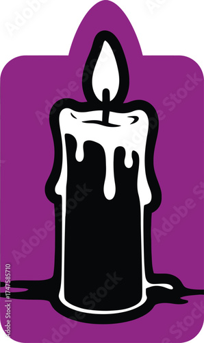 Stylized vector illustration of a single burning candle with dripping wax, set against a vibrant purple background, perfect for religious, memorial, or contemplative design.