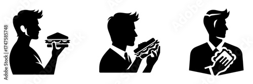 Man Eating Sandwich Hotdog Wiping Mouth Silhouette Set.