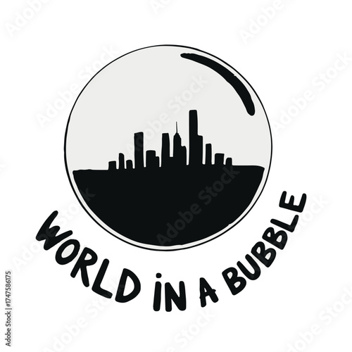 Conceptual illustration of a city skyline enclosed within a transparent bubble symbolizing isolation or a protected environment with the text world in a bubble