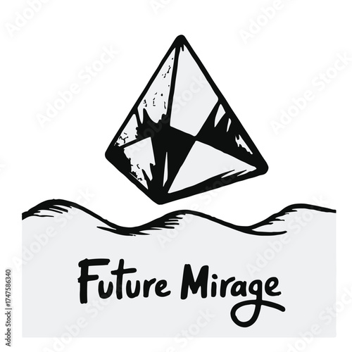 Abstract geometric crystal shape hovering above wavy lines with the handwritten text future mirage below on a white background