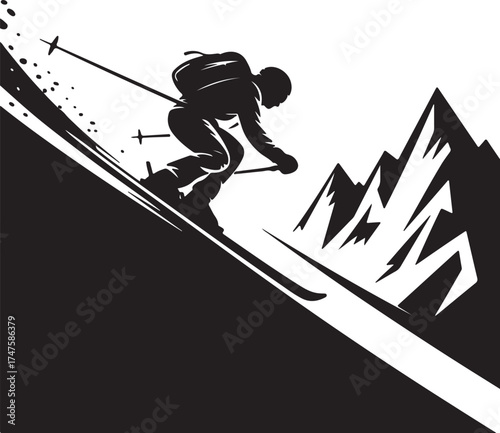 Skiing Silhouette Black and White Illustration of a Skier Gliding Down a Snowy Slope with Mountain Background