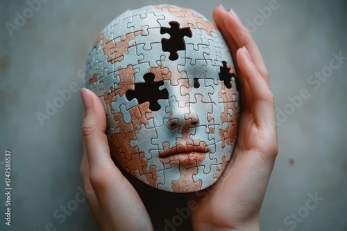 Human hands holding a partially completed jigsaw puzzle shaped like a realistic human face with several missing pieces, evoking themes of identity and incompleteness
