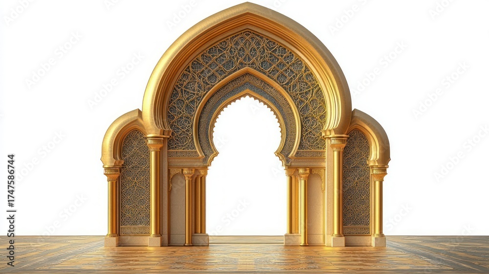 Fototapeta premium ornate golden archway with intricate lattice design on panels and textured floor under bright lighting
