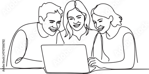 Collaborative young adults happily sharing a laptop screen, embodying teamwork, learning, and modern digital interaction