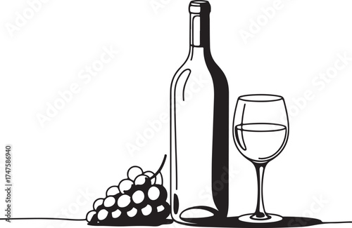 Still Life with Wine Bottle, Grapes, and Glass Elegant Black and White Illustration
