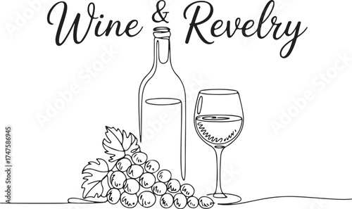 Elegant one-line art illustration of a wine bottle, glass, and grapes, a minimalist design for a winery logo or tasting event