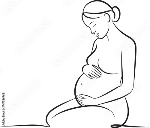 Elegant single line drawing of an expecting mother gently cradling her pregnant belly, symbolizing new life and love