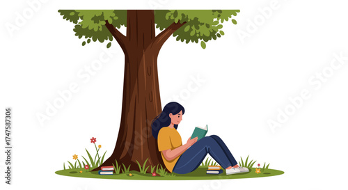 A tranquil illustration of a young woman enjoying a peaceful moment, deeply immersed in a book while comfortably seated under the shade of a magnificent tree, surrounded by lush green grass