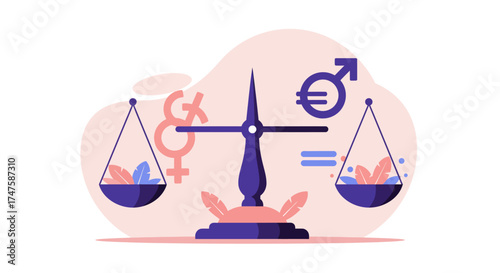Gender equality concept with male and female symbols balanced on a scale, representing equal pay, fair treatment, and societal equity. Modern vector illustration