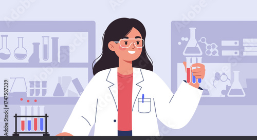Cheerful female scientist celebrates successful scientific research, holding a test tube and giving a thumbs-up in a laboratory, symbolizing discovery and innovation