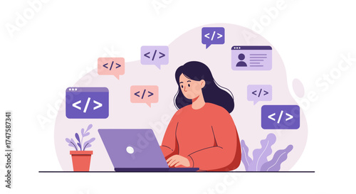 Young woman developer focused on coding, typing on a laptop with abstract programming symbols floating around, illustrating web development, software engineering, and digital solutions