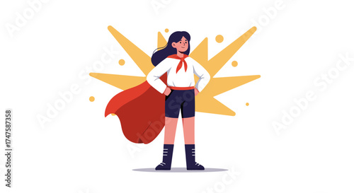 Confident young woman standing powerfully in a superhero pose, wearing a red cape and scarf with starbursts behind her, symbolizing strength, leadership, and empowerment