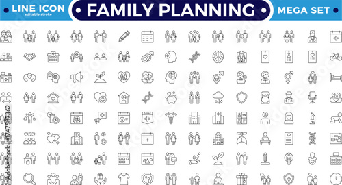 Family planning and Fertility planning Outline icon set featuring sperm analysis, calendar, supplements, and antenatal. Perfect for reproductive health, pregnancy. Editable stroke outline icon.