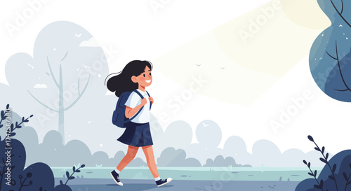 A cheerful young girl with a backpack confidently walks towards a bright future, symbolizing education, new beginnings, and personal growth in a minimalist outdoor setting