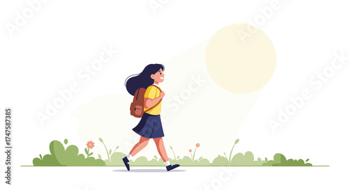 A cheerful young student with a backpack walks confidently to school on a bright sunny day, embodying a journey of education and new beginnings, against a vibrant outdoor backdrop
