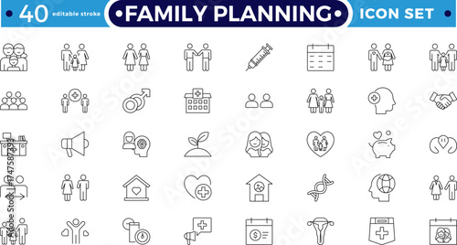 Family planning and Fertility planning Outline icon set featuring sperm analysis, calendar, supplements, and antenatal. Perfect for reproductive health, pregnancy. Editable stroke outline icon.