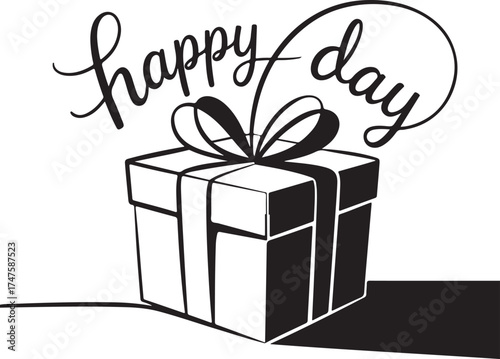 Minimalist gift box illustration with 'happy day' script - perfect for celebrations and joy