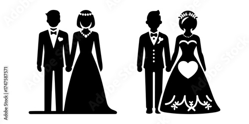 Wedding Couple Silhouette Holding Hands Black and White.