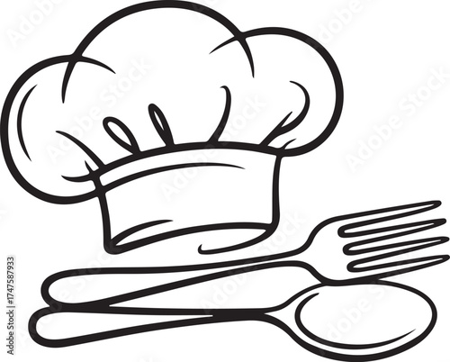 Minimalist black outline drawing of a classic chef's hat paired with essential kitchen utensils, a fork and spoon, symbolizing cooking, culinary arts, and gourmet dining