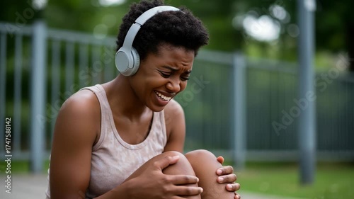 Woman with headphones holding her knee in pain outdoors