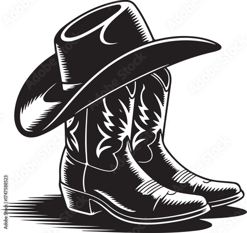 Cowboy Boots and Hat Illustration A Bold Black and White Graphic Design