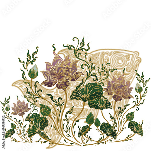 vintage floral background lotus and gold fish