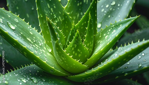 Close-up shot of vibrant green aloe vera plant with water droplets