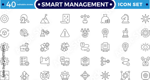 Smart management and organization icon set featuring planning, teamwork, leadership, HR, and project strategy symbols. Ideal for corporate, business, training, workflow. Editable stroke outline icon. 