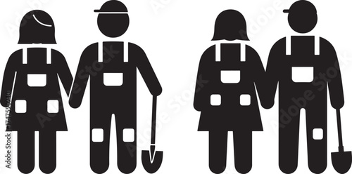 Two pairs of diverse workers in silhouette holding shovels ready for outdoor labor and construction projects silhouette