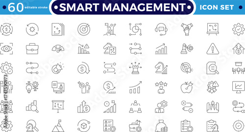 Smart management and organization icon set featuring planning, teamwork, leadership, HR, and project strategy symbols. Ideal for corporate, business, training, workflow. Editable stroke outline icon. 