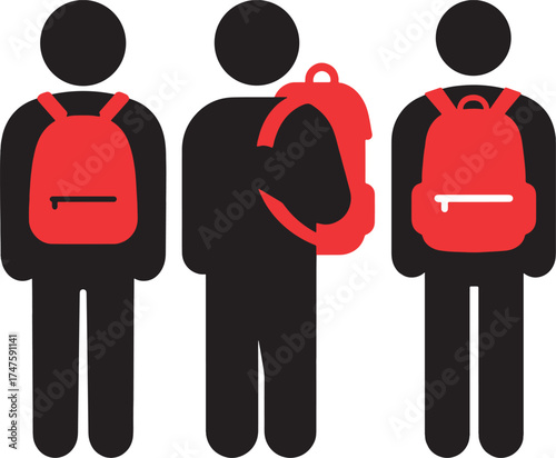 Three stylized figures in a black silhouette style each wearing a bright red backpack silhouette