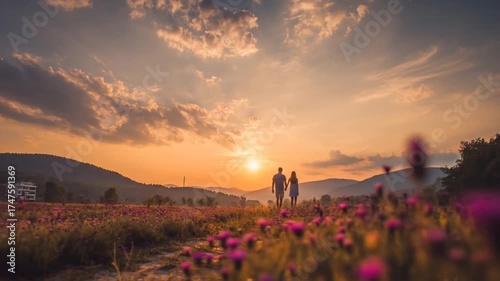 Couple walking hand-in-hand through a wildflower meadow at sunset, mountains backdrop