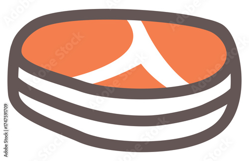 Round steak icon vector with layered meat design. Flat orange and white style for BBQ or restaurant theme.