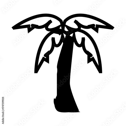 Tropical palm tree silhouette with tall trunk and wide fronds, black and white vector design.