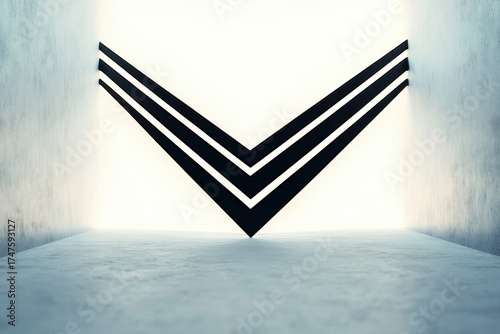 Minimalist architectural space with three large black chevron shapes converging downward in a bright room with concrete floor and walls