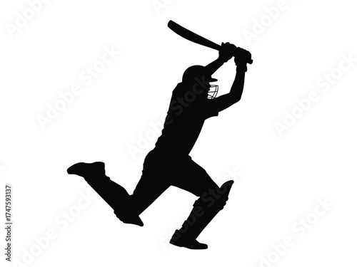 Black silhouette of male cricket player batting with bat batsman