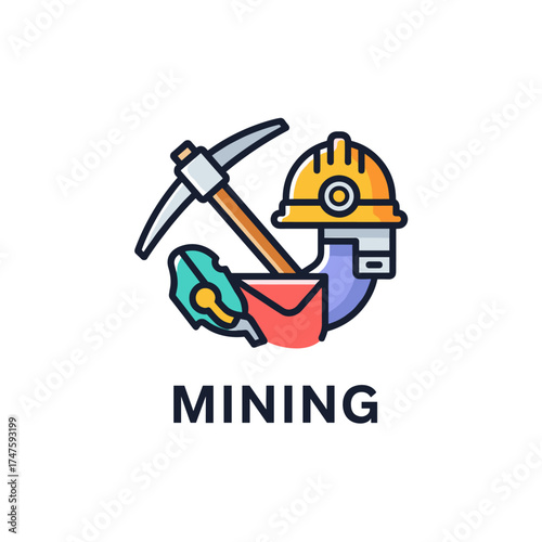 A colorful illustration depicts mining tools including a pickaxe, hard hat, and other equipment, symbolizing the industry and its associated activities, all on a clean white background.