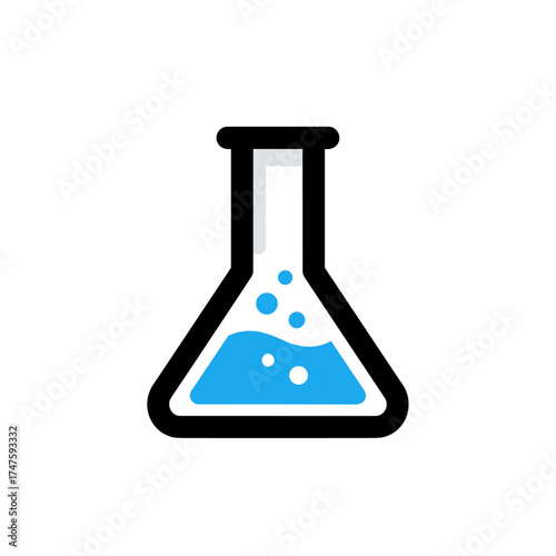 A simple, modern illustration of a conical flask filled with blue liquid and bubbles, representing scientific research, experimentation, and laboratory concepts on a clean, white background.