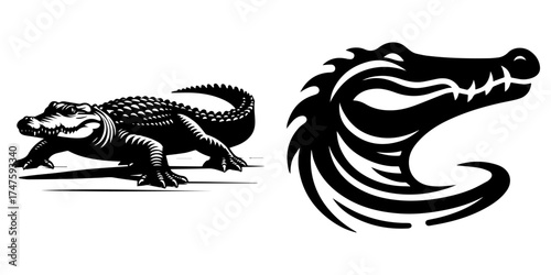 Alligator and Tribal Head Illustration in Black and White.