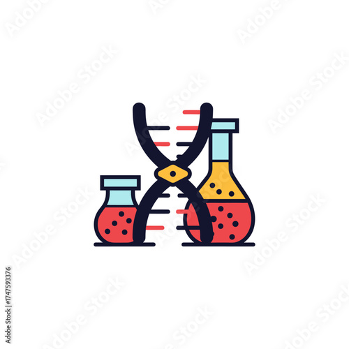 A colorful illustration depicts a DNA strand intertwined with laboratory flasks containing liquids, symbolizing science, genetics, and biological research on a clean white background.