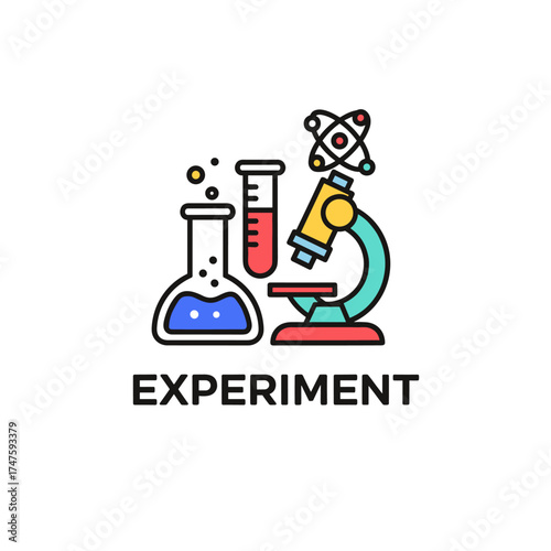A vibrant illustration depicts a science experiment with a microscope, test tubes, a flask, and an atom model, symbolizing scientific research and discovery on a white background.