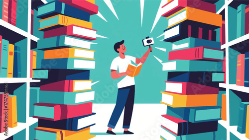 Illustration Of Book Lover Creating A Book Haul Video, The Books Are Stacking Themselves Magically Into A Towering Vector Library Around Them Vector Design Template