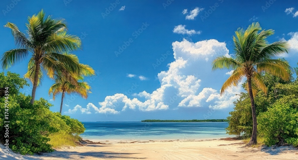 Obraz premium Tropical beach scene with clear blue skies, palm trees, lush greenery, and calm ocean water under scattered white clouds