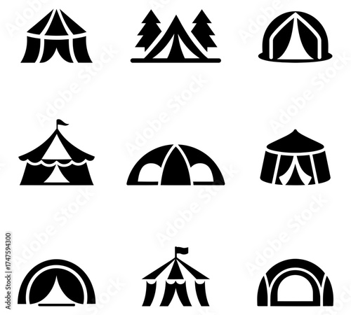 Collection of diverse tent icons for camping and events, camping icons set