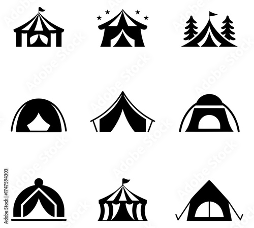 Collection of diverse tent silhouettes and icons, set of camping icons