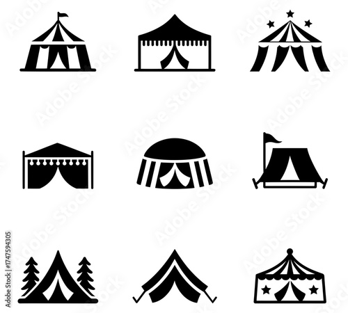 Collection of diverse circus tent and event shelter icons, set of camping icons
