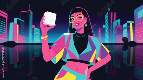 Illustration Of An Influencer Holding Up A Product, Symbolizing Their Role As A Living Advertisement Vector Design Template