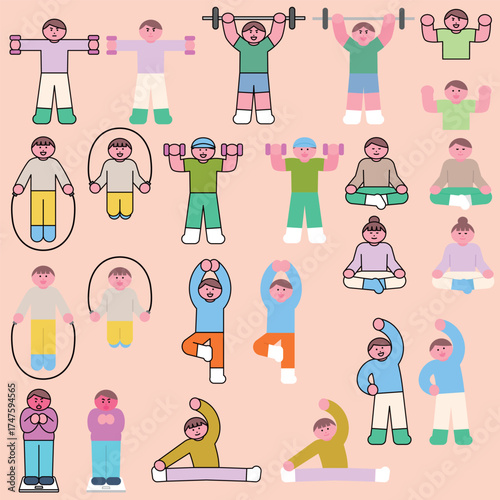 People exercising, doing yoga, meditation and fitness activities for healthy lifestyle vector illustration